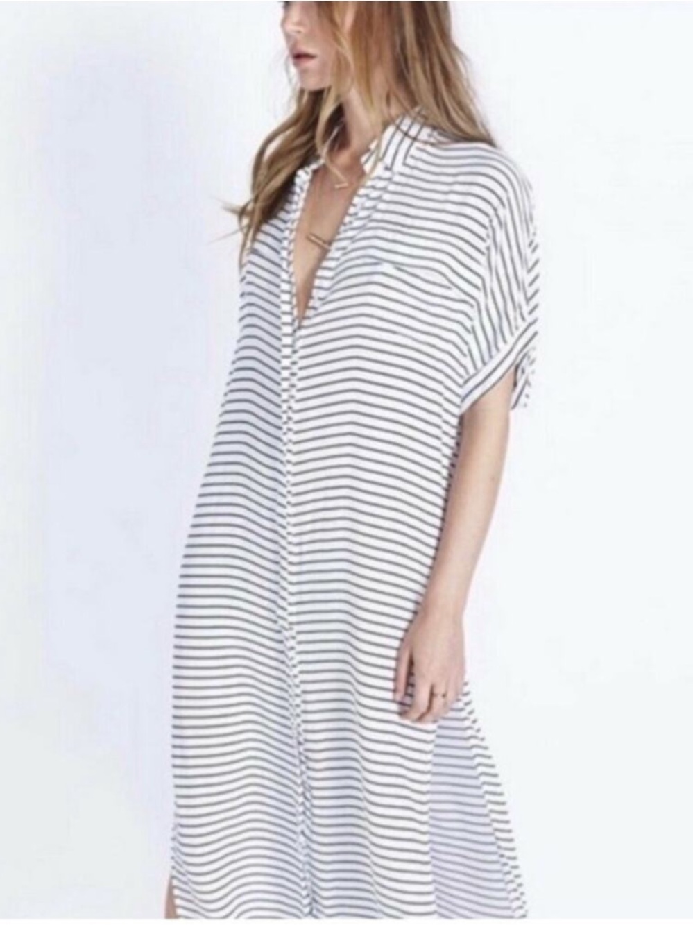 Faithfull the Brand Olive and White Striped Button Shirt Dress